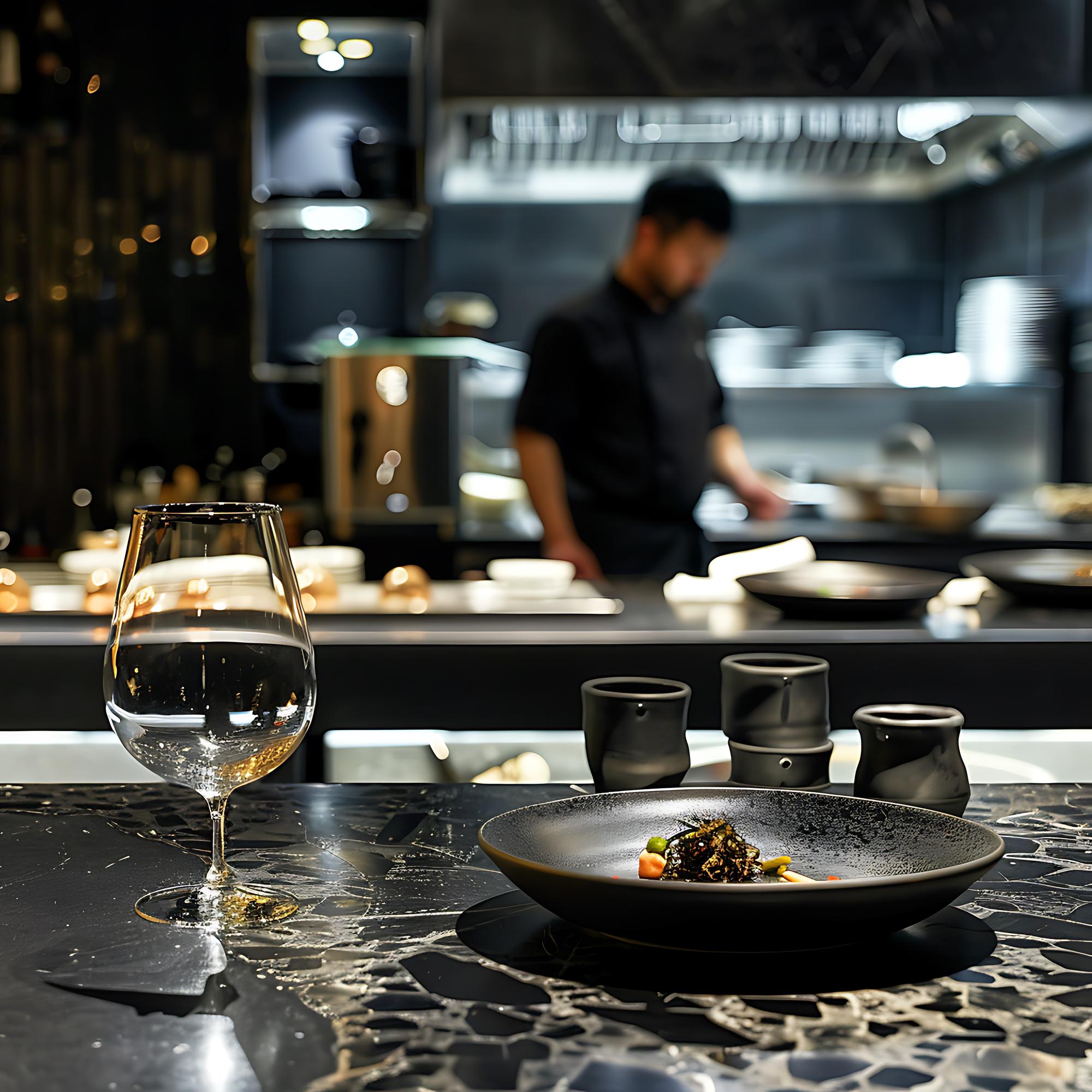 Interior of intimate professional kitchen with plated courses